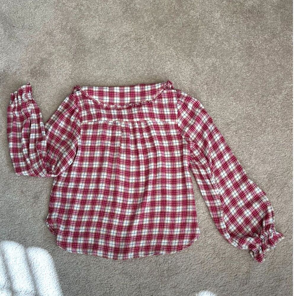 Anthropology Pilcro Keira Plaid Ruffle Peter Pan Collar Blouse Pink Red Size XS - Picture 3 of 6